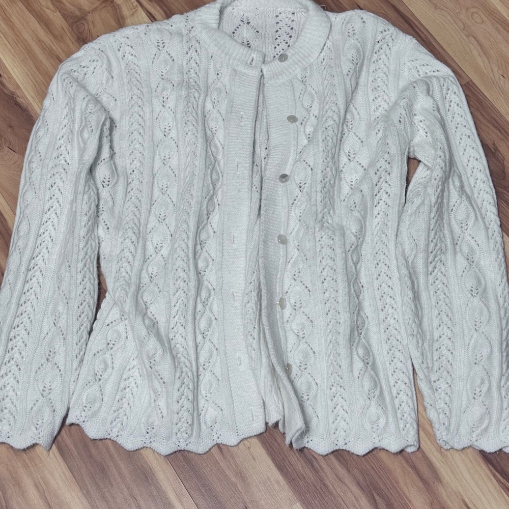 White Button Down Cable Knit Sweater - image 3